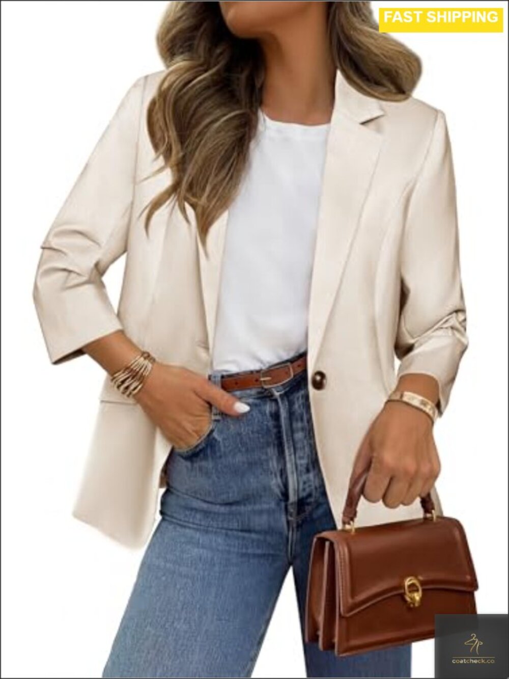 Ruched 3/4 Sleeve Blazer Lightweight Business Casual Work Jacket